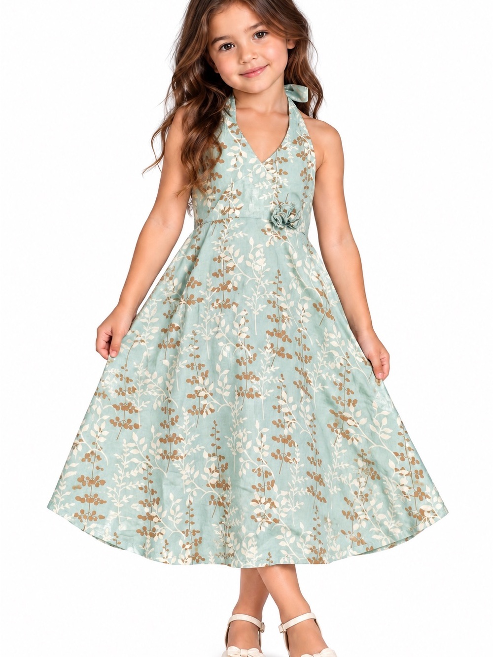 4T Girls' Mint Green Floral Halter Dress (cut fabric label and size)